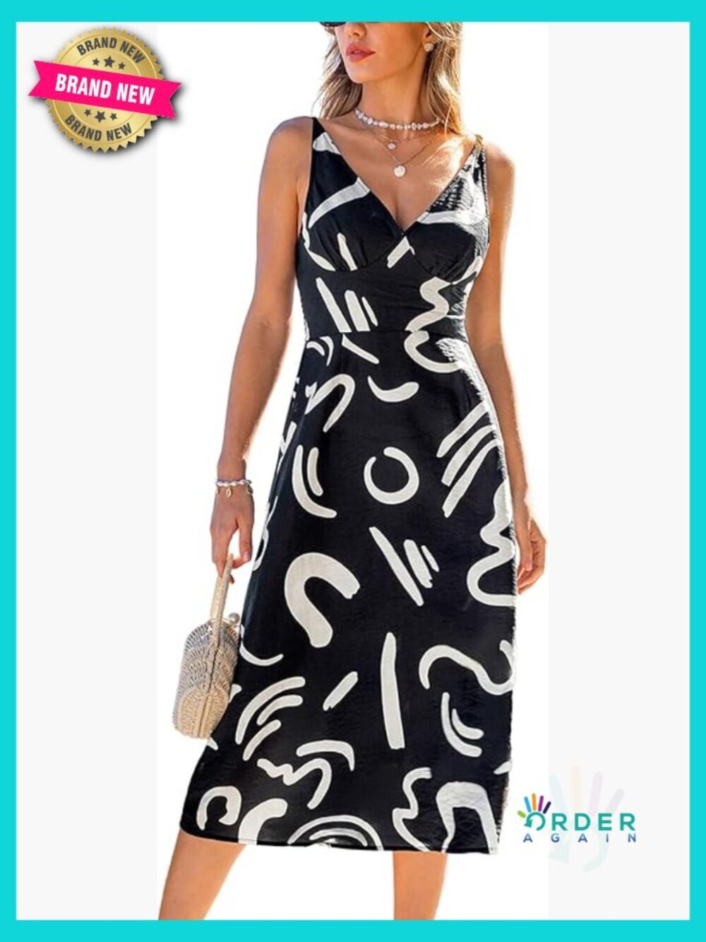 V Neck Sleeveless Midi Sundress Flowy A Line Smocked Boho Beach Vacation Dress